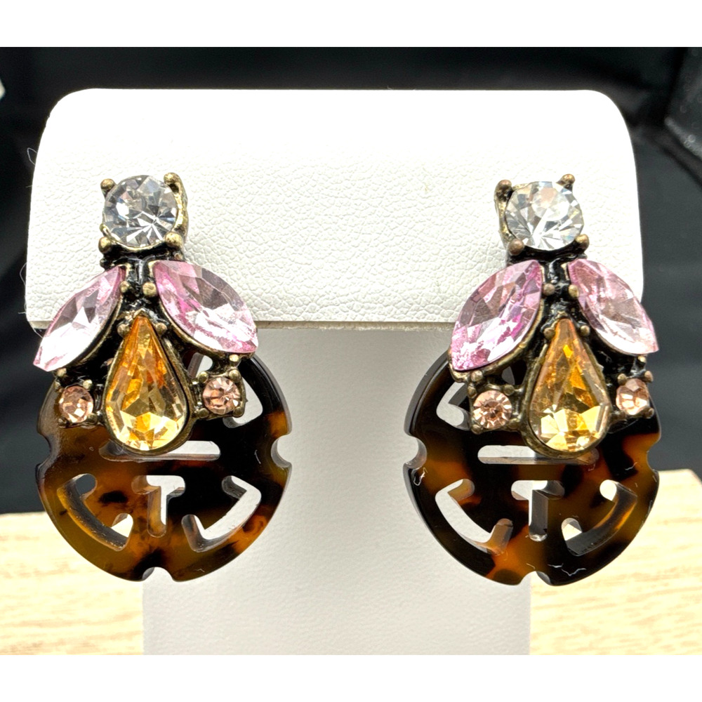 Faux Tortoiseshell Earrings Pink‎ Yellow Crystals Carved Resin Lucky Knot Drops